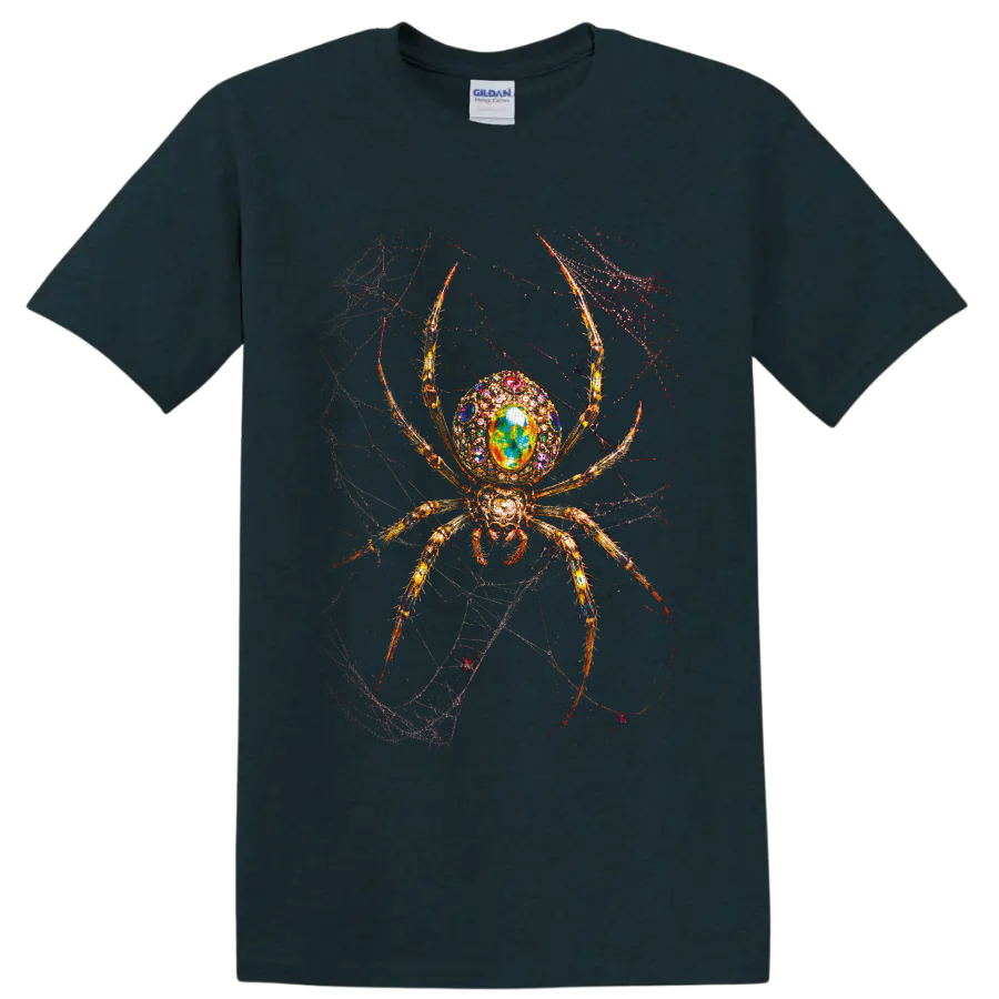 Ornate jeweled golden spider with colorful crystal body on a tangled gothic web on a Midnight (Green) T Shirt