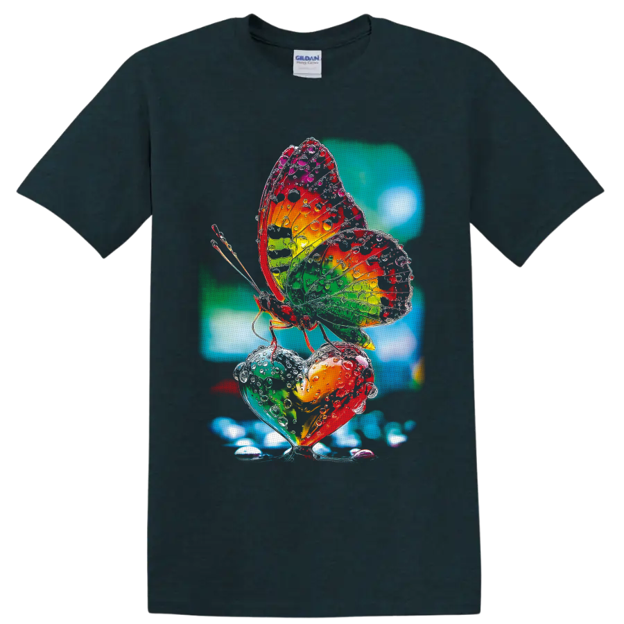 Rainbow butterfly with water droplets over heart-shaped botanical art on a Midnight (Green) T Shirt
