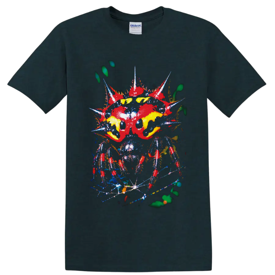 Surreal neon spiked insect with yellow eyes and distressed punk-style details on a Midnight (Green) T Shirt