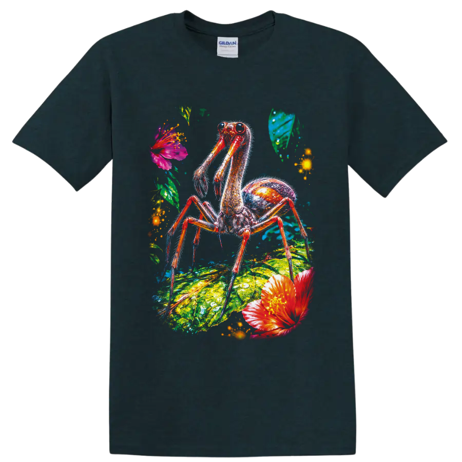 Neon camel spider arachnid on tropical leaf with vivid flowers and glowing accents on a Midnight (Green) T Shirt