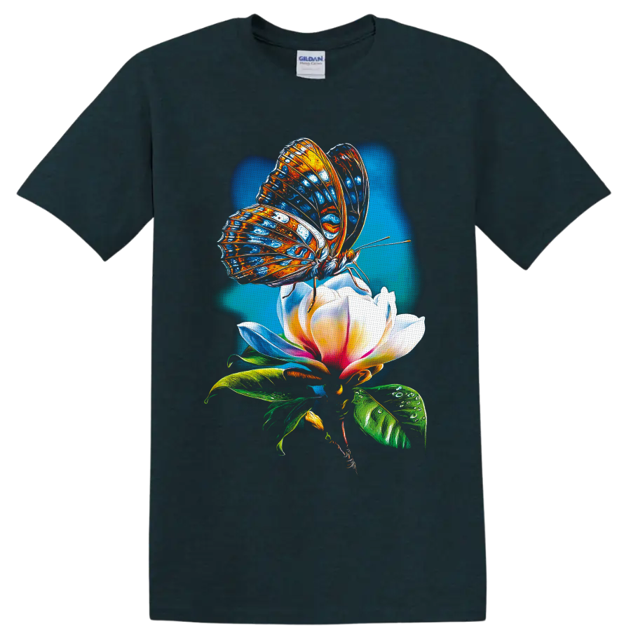 Colorful blue and orange butterfly on a white pink flower in luminous botanical art on a Midnight (Green) T Shirt