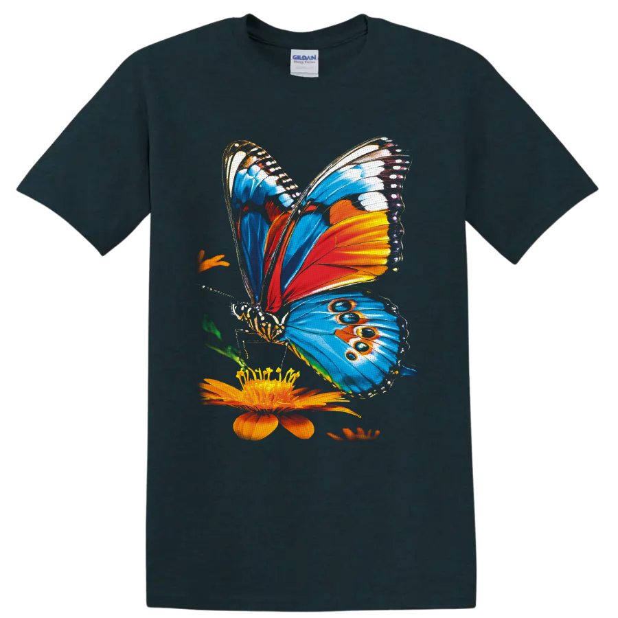 Colorful blue and orange butterfly illustration beside an orange flower on a Midnight (Green) T Shirt
