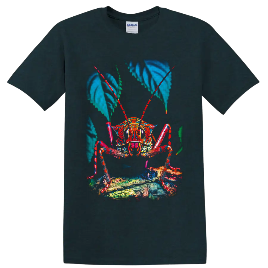 Colorful macro grasshopper illustration with red antennae, blue leaves, and textured on a Midnight (Green) T Shirt