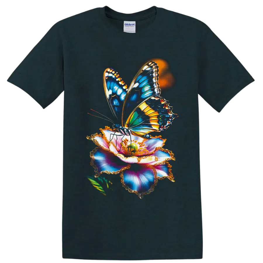 Colorful blue and orange butterfly on a multicolored flower botanical graphic on a Midnight (Green) T Shirt