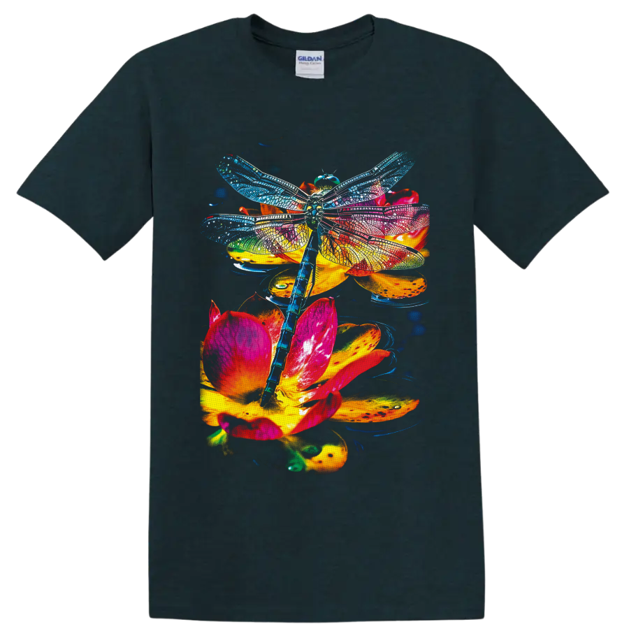 Rainbow dragonfly with detailed wings over vivid pink, orange, and yellow flowers on a Midnight (Green) T Shirt