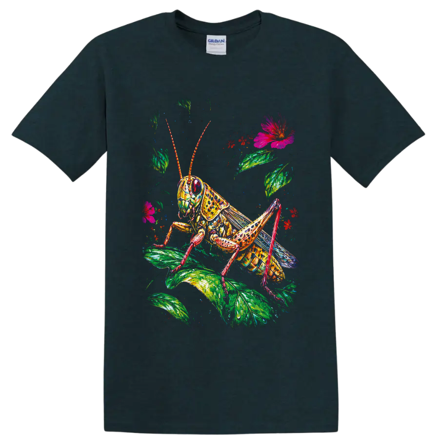 Colorful grasshopper illustration with lush leaves, red blossoms, and a pink flower on a Midnight (Green) T Shirt