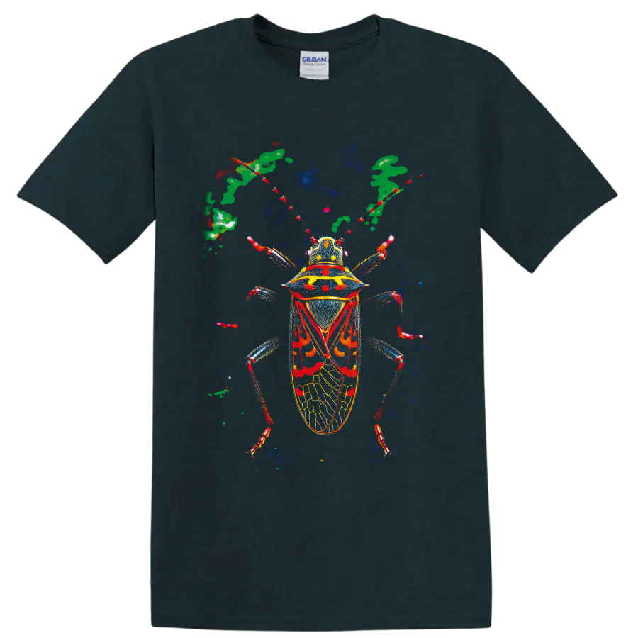 Vibrant anatomical beetle illustration with red, blue, yellow, and green details on a Midnight (Green) T Shirt