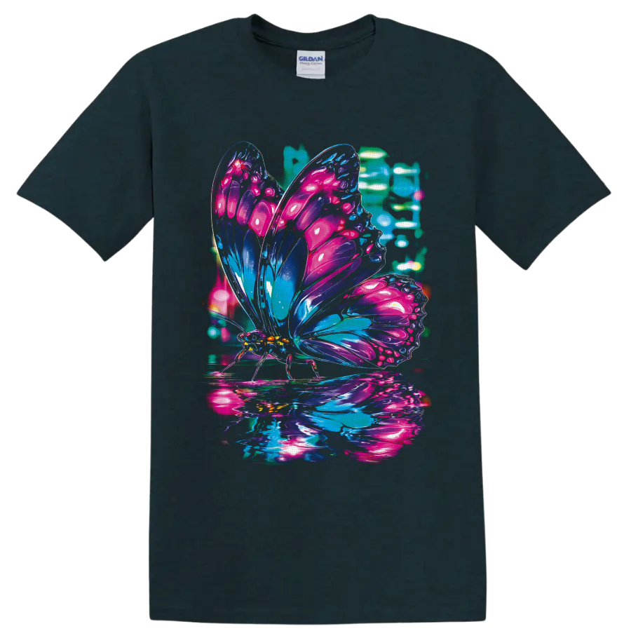 Neon butterfly with glossy pink, purple, blue, and teal cyberpunk glass wings on a Midnight (Green) T Shirt