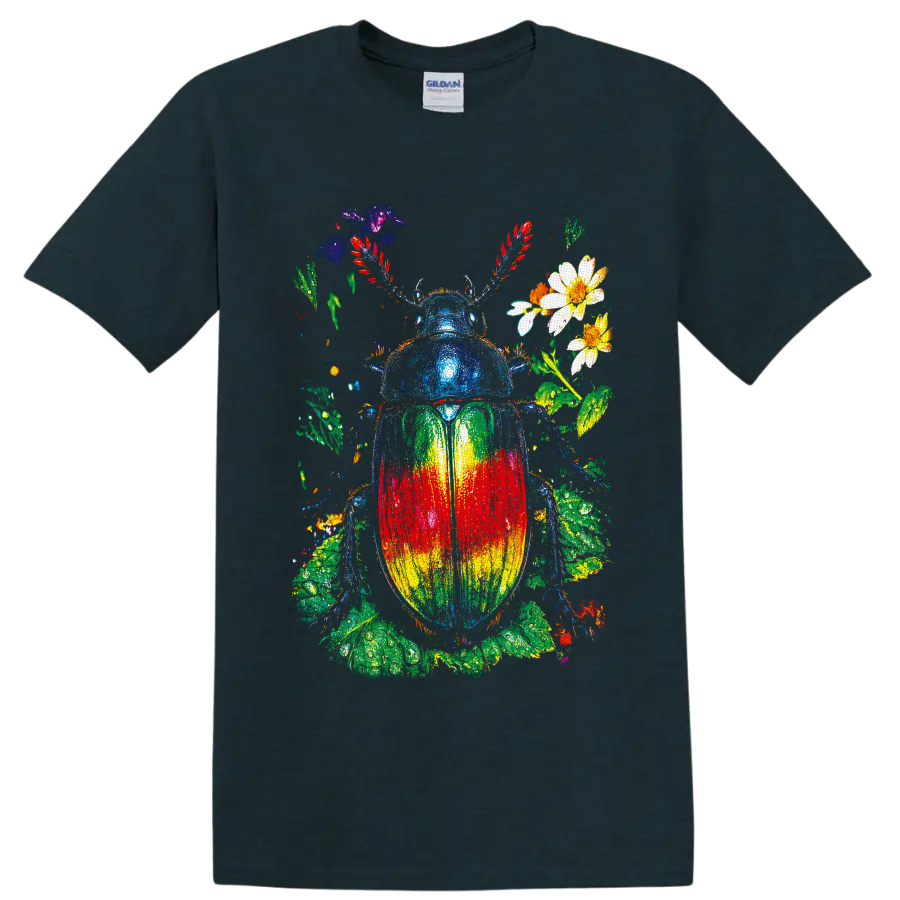 Rainbow scarab beetle with flowers and leafy botanical paint-splatter art on a Midnight (Green) T Shirt
