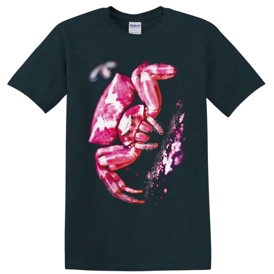 Vivid pink crab spider macro wildlife graphic beside textured bark on a Midnight (Green) T Shirt