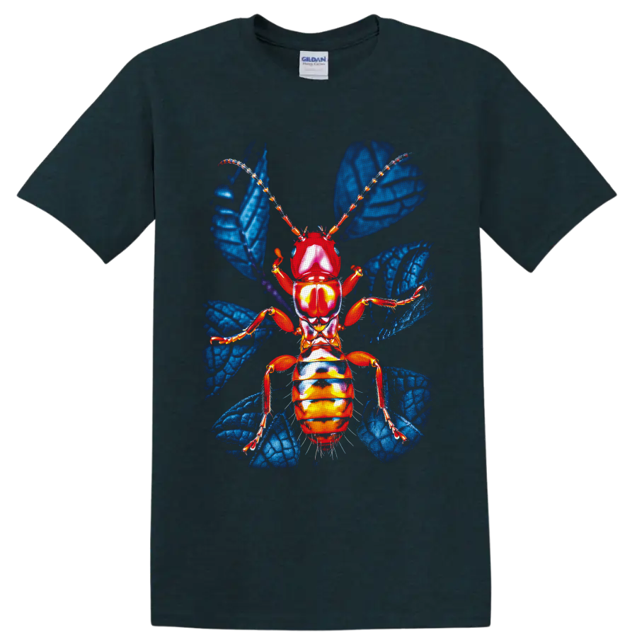 Colorful red-orange ant with blue wings in detailed insect anatomy art on a Midnight (Green) T Shirt