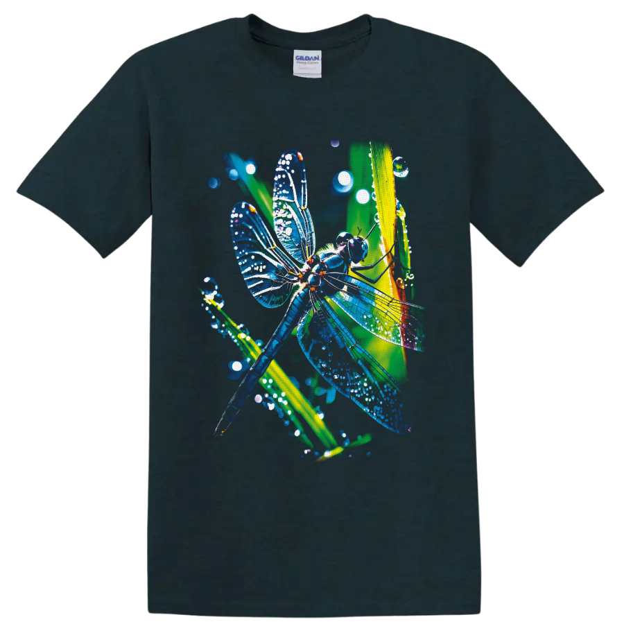 Luminous blue dragonfly with sparkling wings and green stems in colorful nature art on a Midnight (Green) T Shirt
