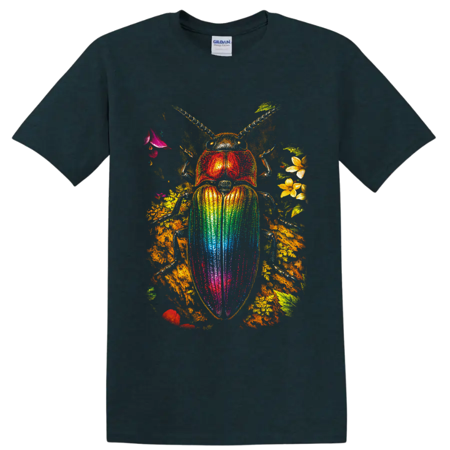 Rainbow scarab beetle with colorful wing case, flowers, leaves, and golden foliage on a Midnight (Green) T Shirt