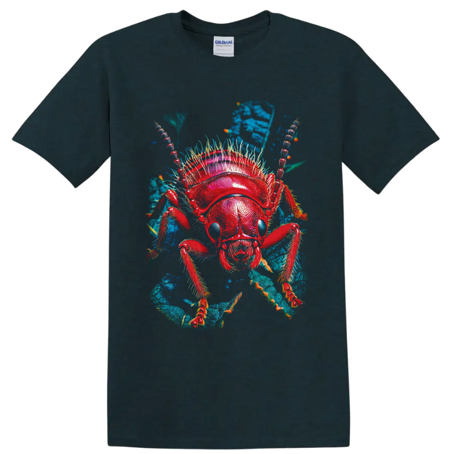 Vivid red ant macro illustration with blue eyes and teal leafy background on a Midnight (Green) T Shirt