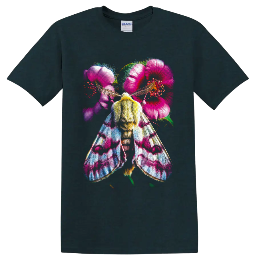 Colorful moth with pink hibiscus flowers in vivid tropical botanical art on a Midnight (Green) T Shirt