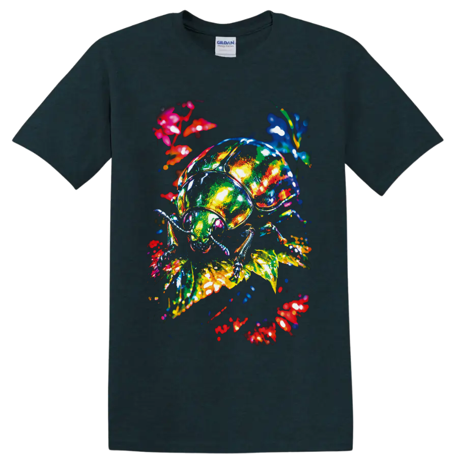 Colorful neon-style beetle amid glowing leaves, stems, and floral botanical accents on a Midnight (Green) T Shirt