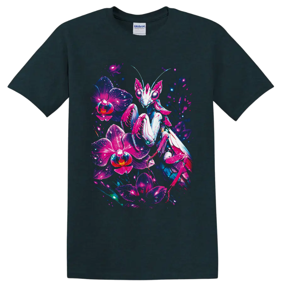 Cyberpunk robotic praying mantis surrounded by glowing neon orchid flowers on a Midnight (Green) T Shirt