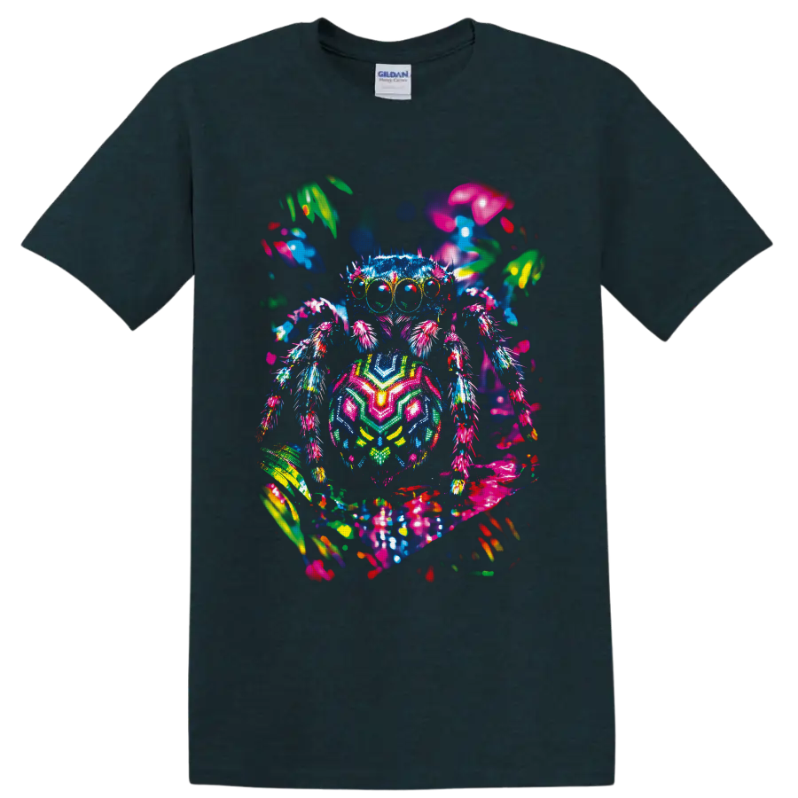 Neon psychedelic spider with glowing eyes, multicolored legs, and abstract garden shapes on a Midnight (Green) T Shirt