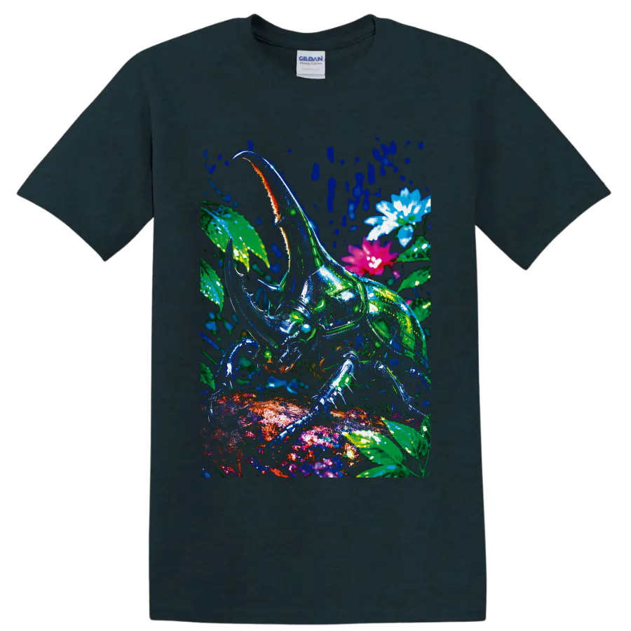 Neon rhinoceros beetle in a tropical botanical scene with colorful flowers on a Midnight (Green) T Shirt