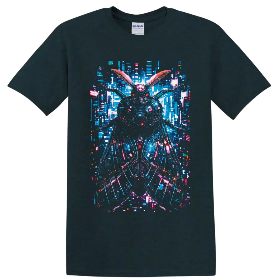 Cyberpunk mechanical moth with neon wings and a futuristic cityscape on a Midnight (Green) T Shirt