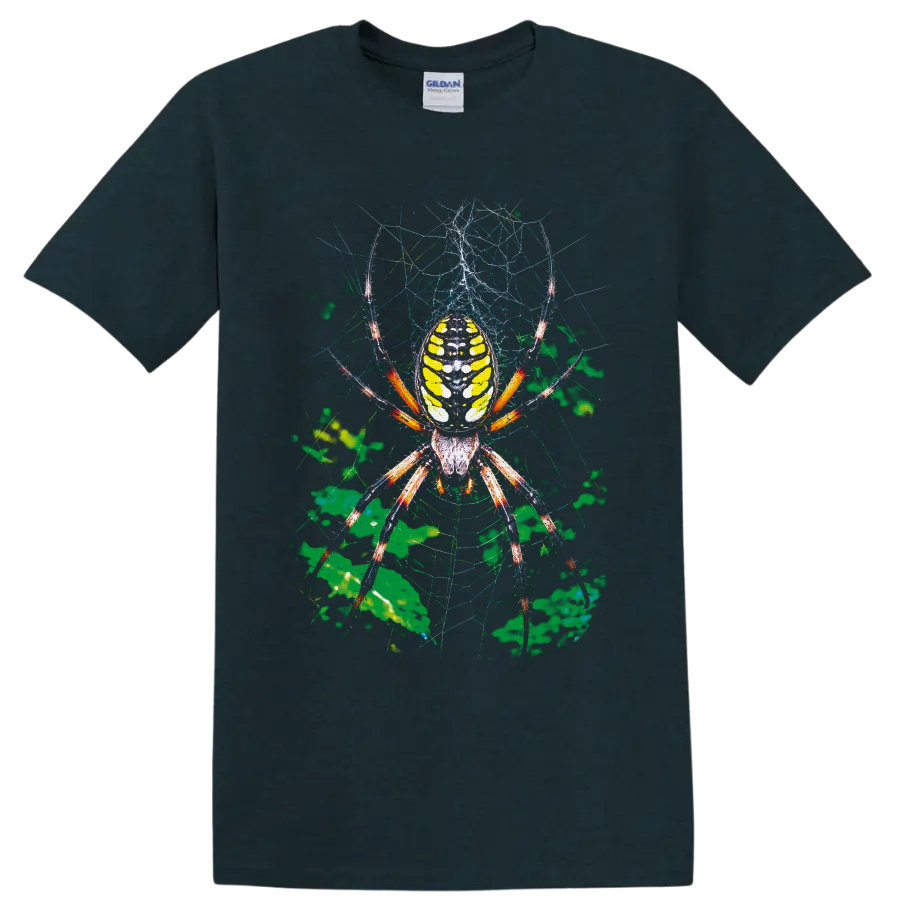 Colorful orb weaver spider with yellow abdomen on a detailed web and green foliage on a Midnight (Green) T Shirt
