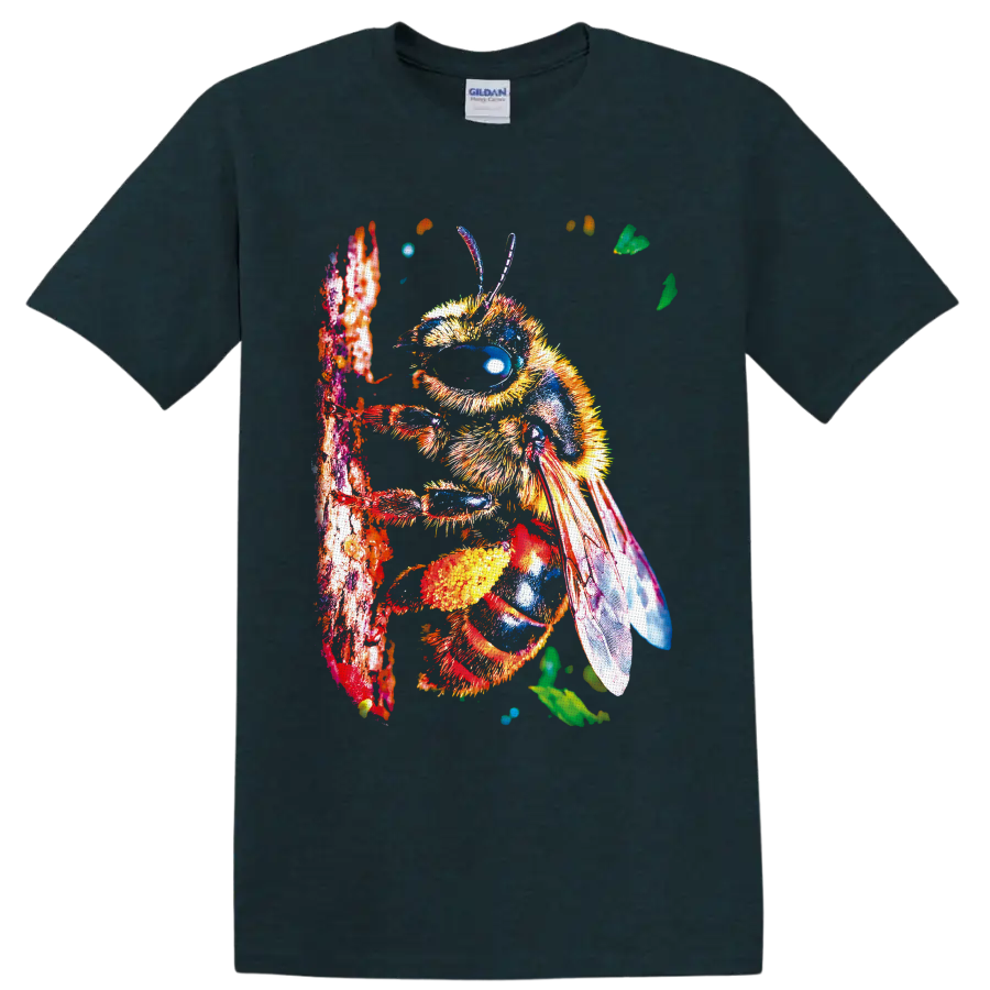 Colorful detailed bumblebee illustration on a textured branch with leaves and translucent on a Midnight (Green) T Shirt