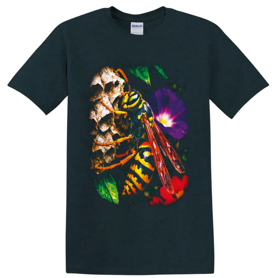 Yellowjacket wasp macro wildlife art with red wings and purple garden flower on a Midnight (Green) T Shirt