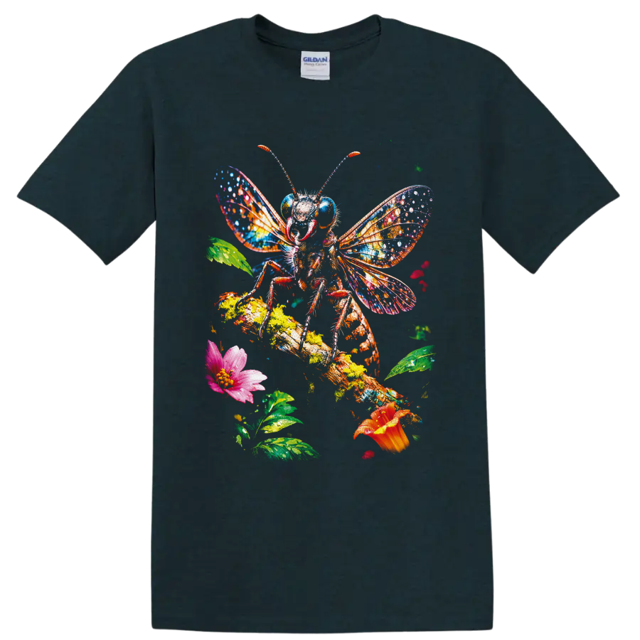 Colorful painted bee with vivid wings, flowers, leaves, and textured garden branch on a Midnight (Green) T Shirt