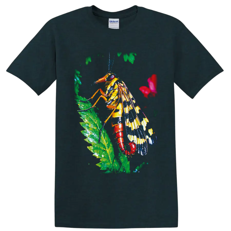 Colorful grasshopper on a green leaf in vivid tropical wildlife art on a Midnight (Green) T Shirt