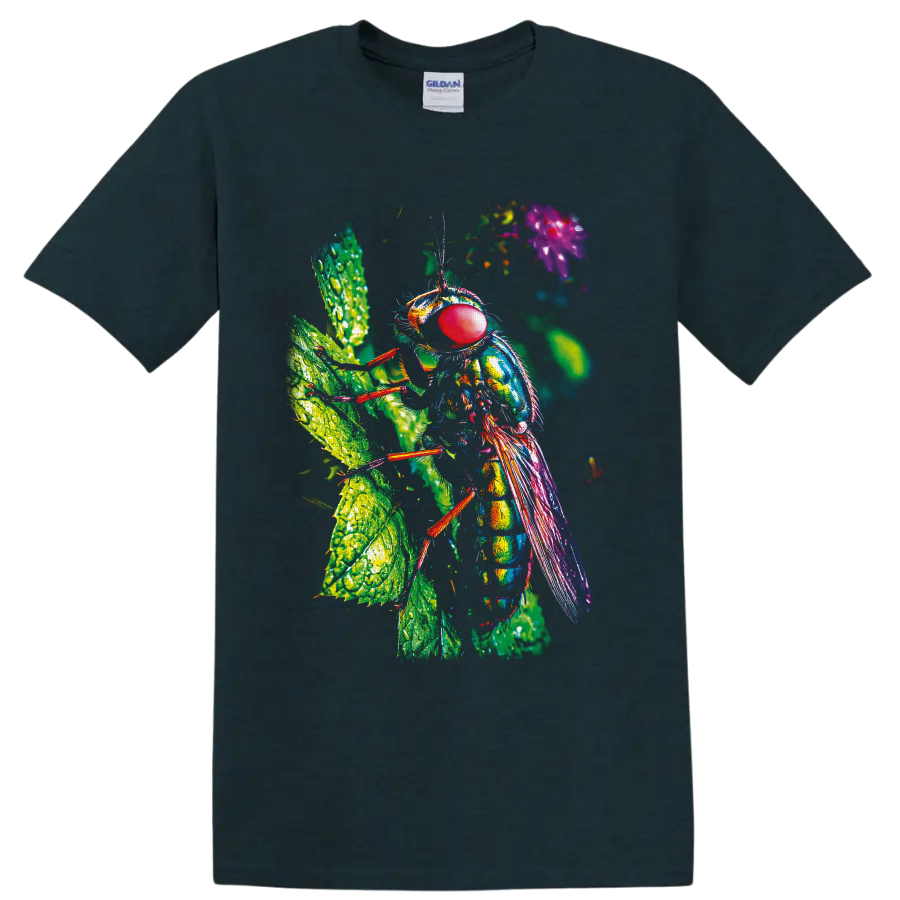 Colorful macro fly with red compound eye and iridescent wings on dew-covered leaves on a Midnight (Green) T Shirt