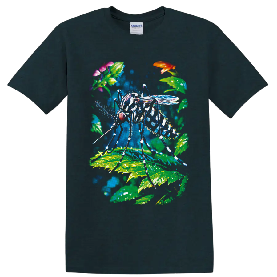 Colorful mosquito illustration with tropical leaves, flowers, and translucent wings on a Midnight (Green) T Shirt