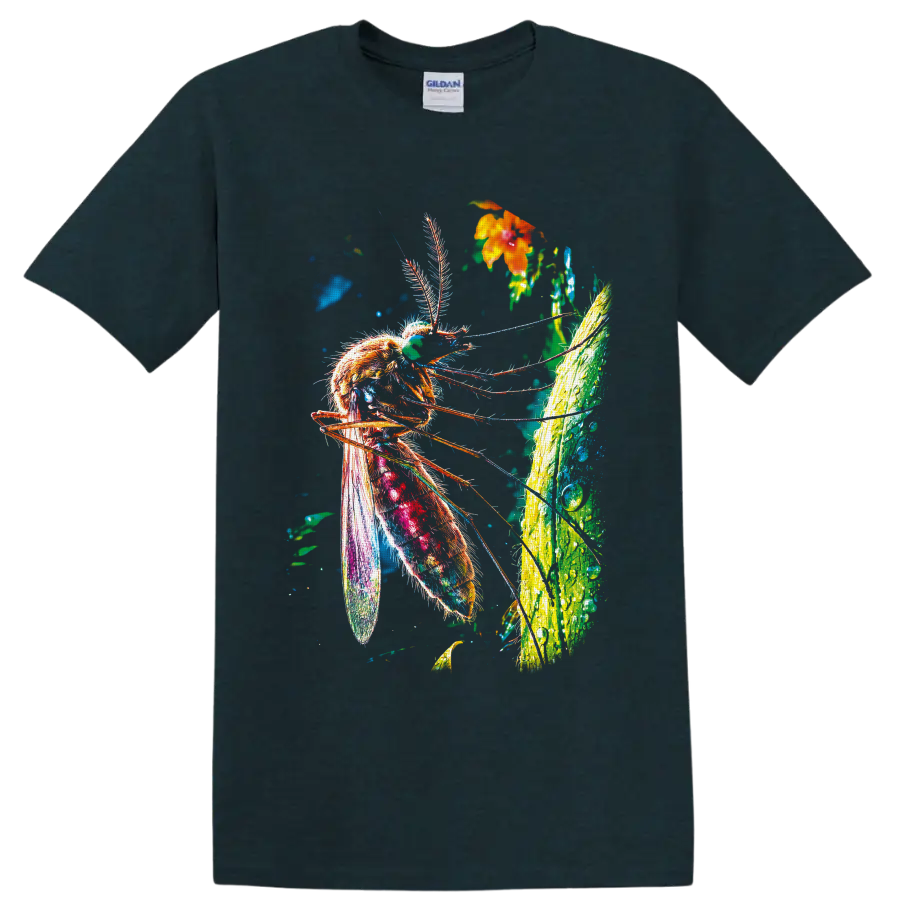 Neon-style mosquito illustration with tropical leaf, orange flower, and colorful wings on a Midnight (Green) T Shirt