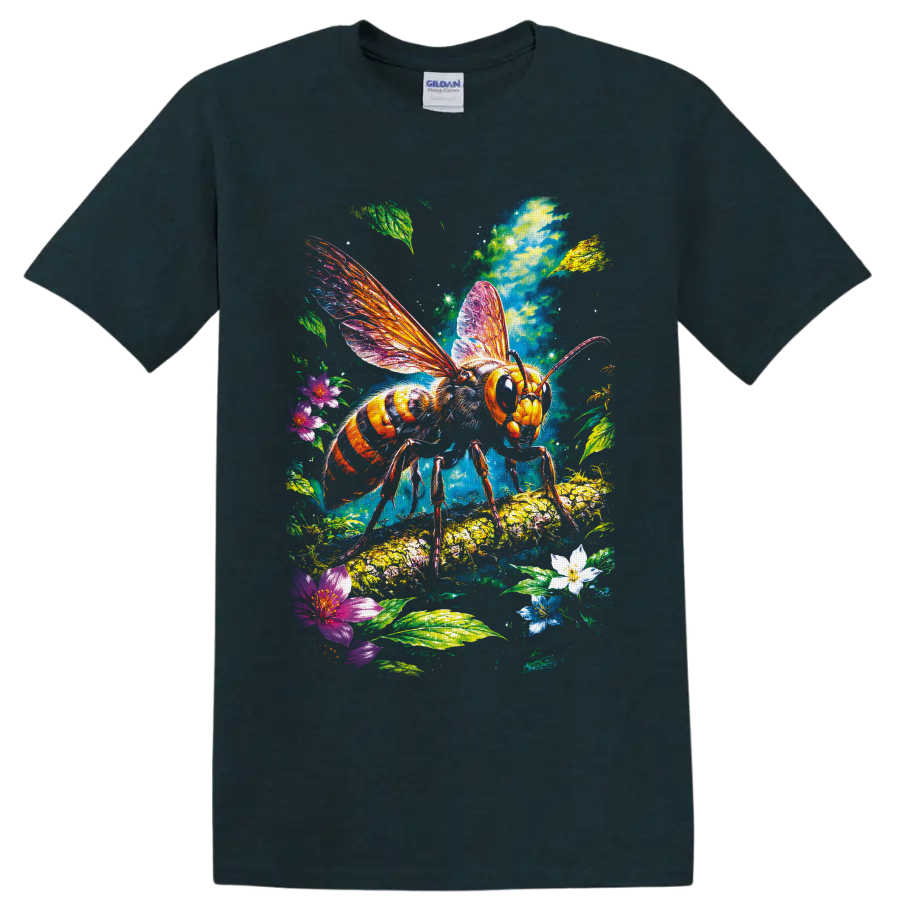 Colorful honey bee with luminous wings, flowers, leaves, and fantasy garden art on a Midnight (Green) T Shirt