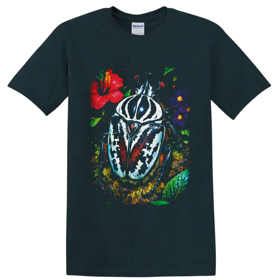 Colorful painted beetle surrounded by tropical flowers and lush botanical foliage on a Midnight (Green) T Shirt