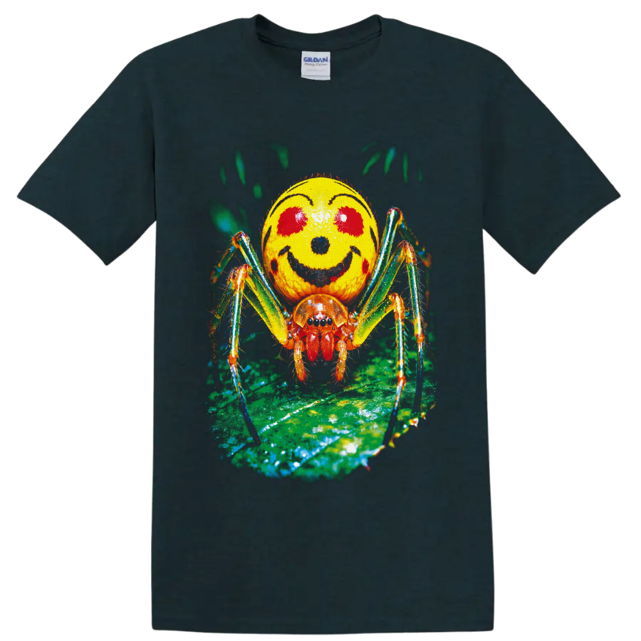 Colorful macro Smiley Face Spider with yellow marked abdomen on a green leaf on a Midnight (Green) T Shirt