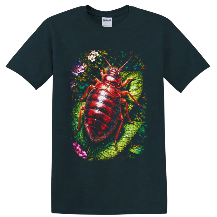 Glossy red beetle botanical illustration with dew-covered leaves and colorful flowers on a Midnight (Green) T Shirt