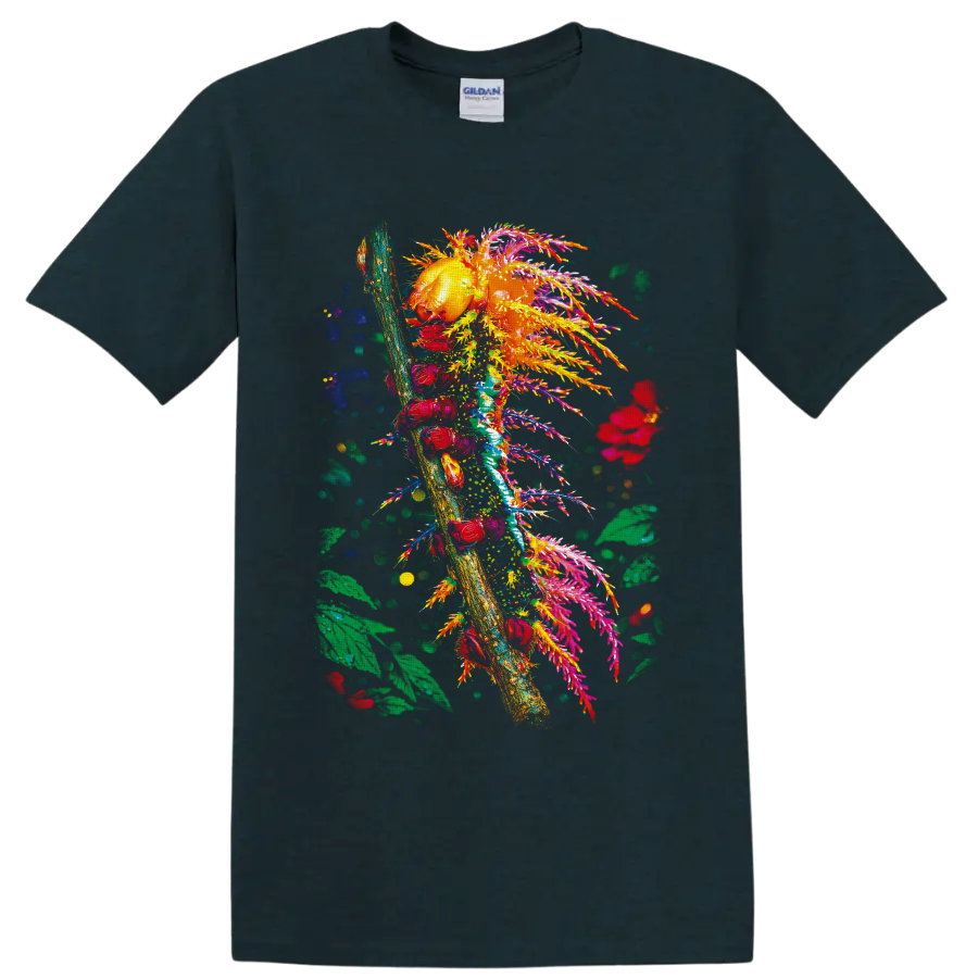 Colorful caterpillar on a branch with tropical leaves, flowers, and painterly splashes on a Midnight (Green) T Shirt