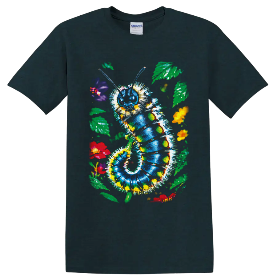Colorful blue caterpillar with flowers and leaves in whimsical garden art on a Midnight (Green) T Shirt