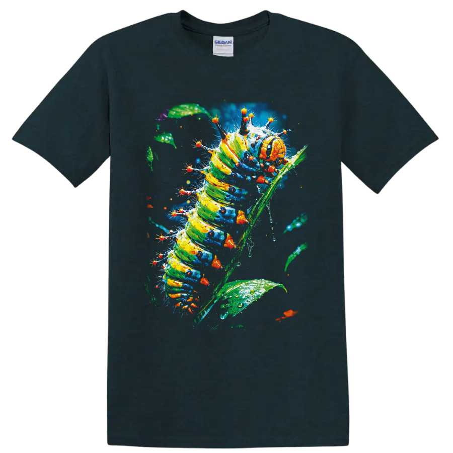 Colorful painterly caterpillar climbing a leafy stem with tiny orange insects on a Midnight (Green) T Shirt