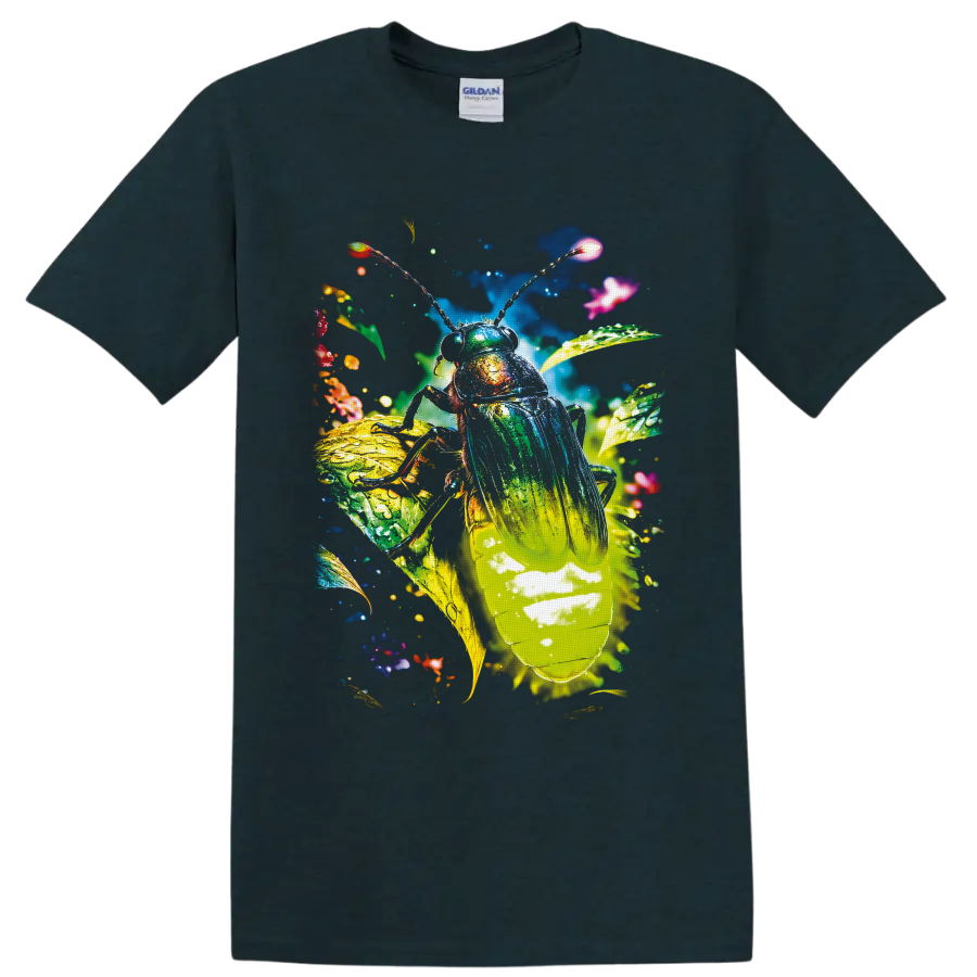 Colorful surreal cockroach with luminous wings, tropical leaves, and sparkling details on a Midnight (Green) T Shirt