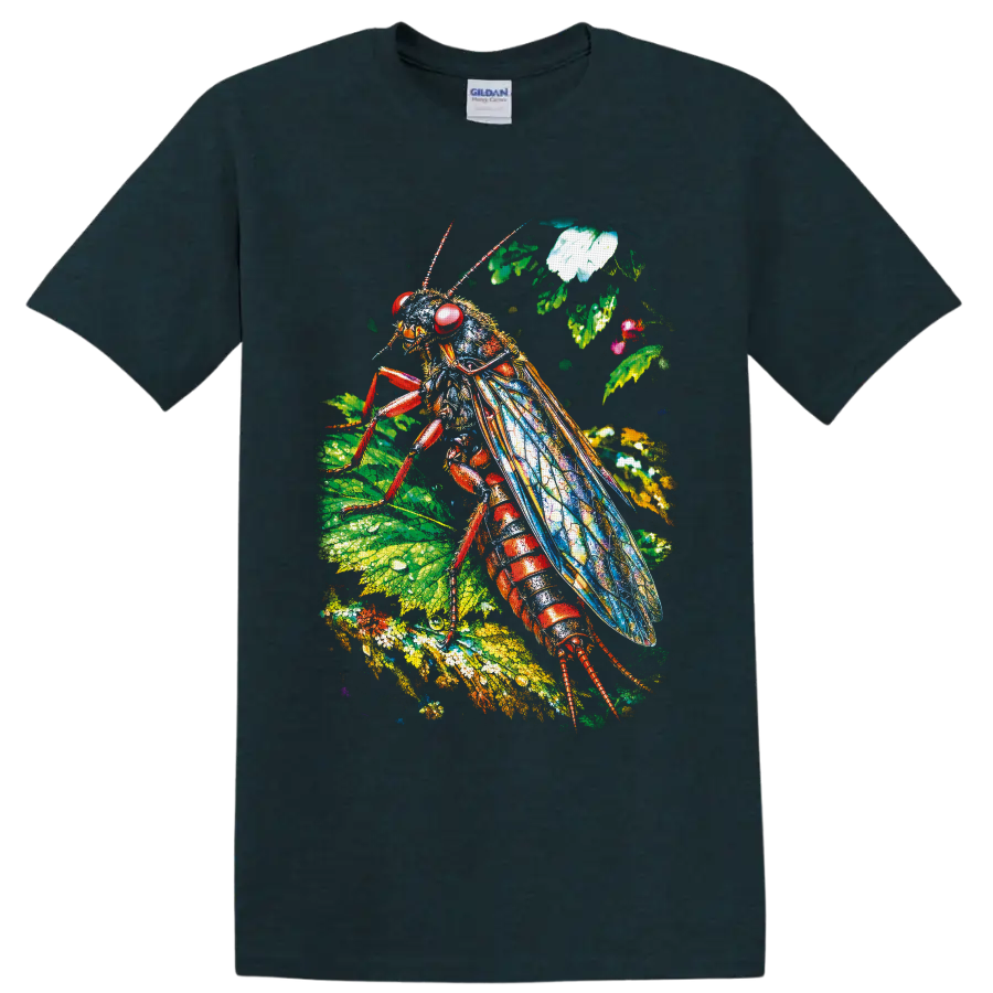Colorful cockroach illustration with blue wings, red body, leaves, and flowers on a Midnight (Green) T Shirt