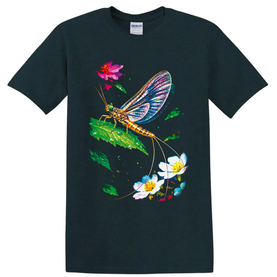 Colorful mayfly with mosaic wings on a leaf among flowers and water droplets on a Midnight (Green) T Shirt