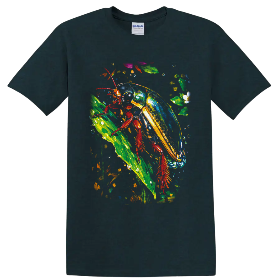 Colorful jewel-toned beetle climbing a tropical leaf in vivid painted nature art on a Midnight (Green) T Shirt