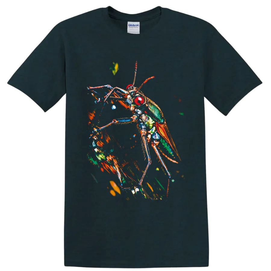 Colorful macro-style grasshopper with red eyes, green body, orange wings, and long legs on a Midnight (Green) T Shirt