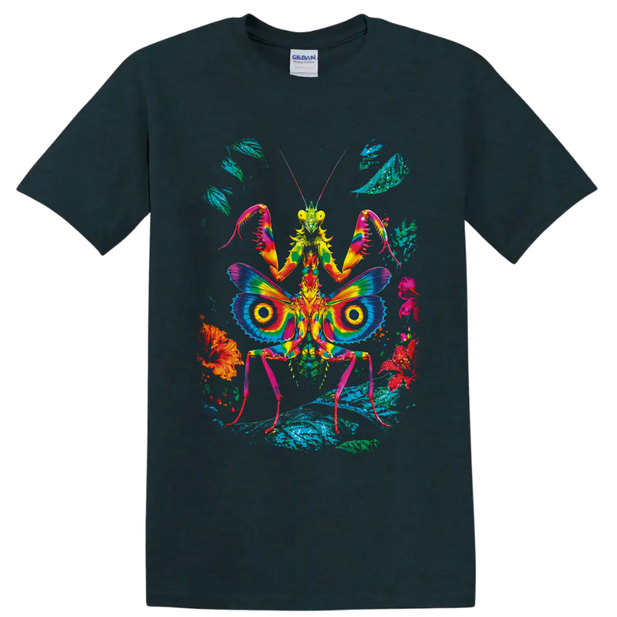 Psychedelic praying mantis with rainbow butterfly-like wings, flowers, and leaves on a Midnight (Green) T Shirt