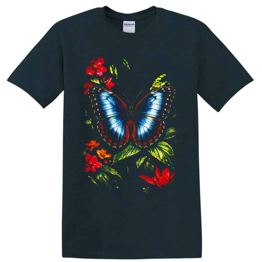 Blue butterfly with red flowers and green leaves in a colorful botanical graphic on a Midnight (Green) T Shirt