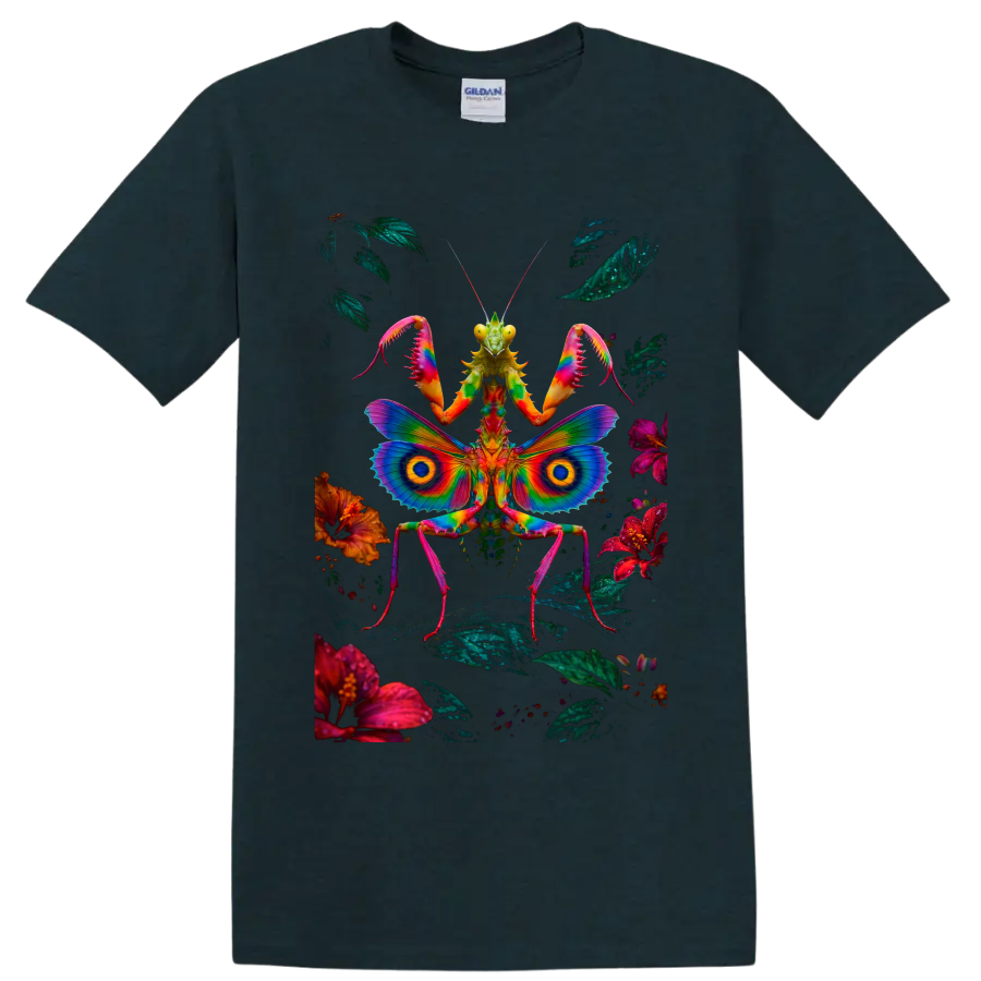 Psychedelic praying mantis with rainbow butterfly wings, flowers, and foliage on a Midnight (Green) T Shirt