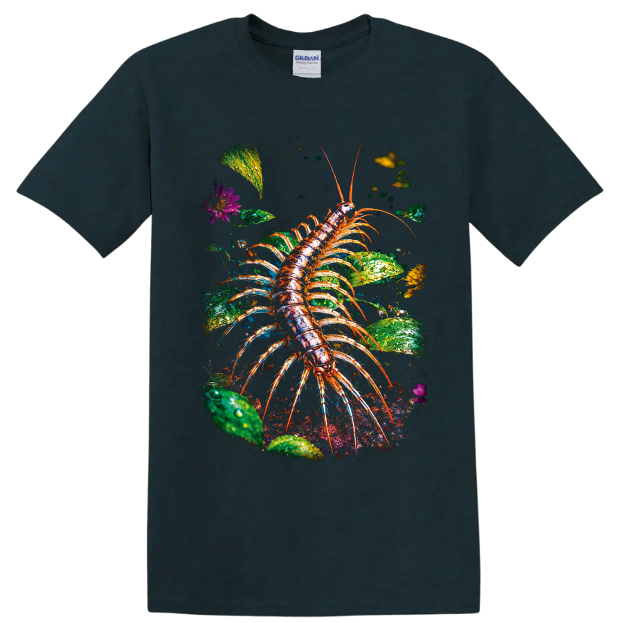 Detailed colorful centipede among dew-covered leaves, flowers, and garden soil on a Midnight (Green) T Shirt