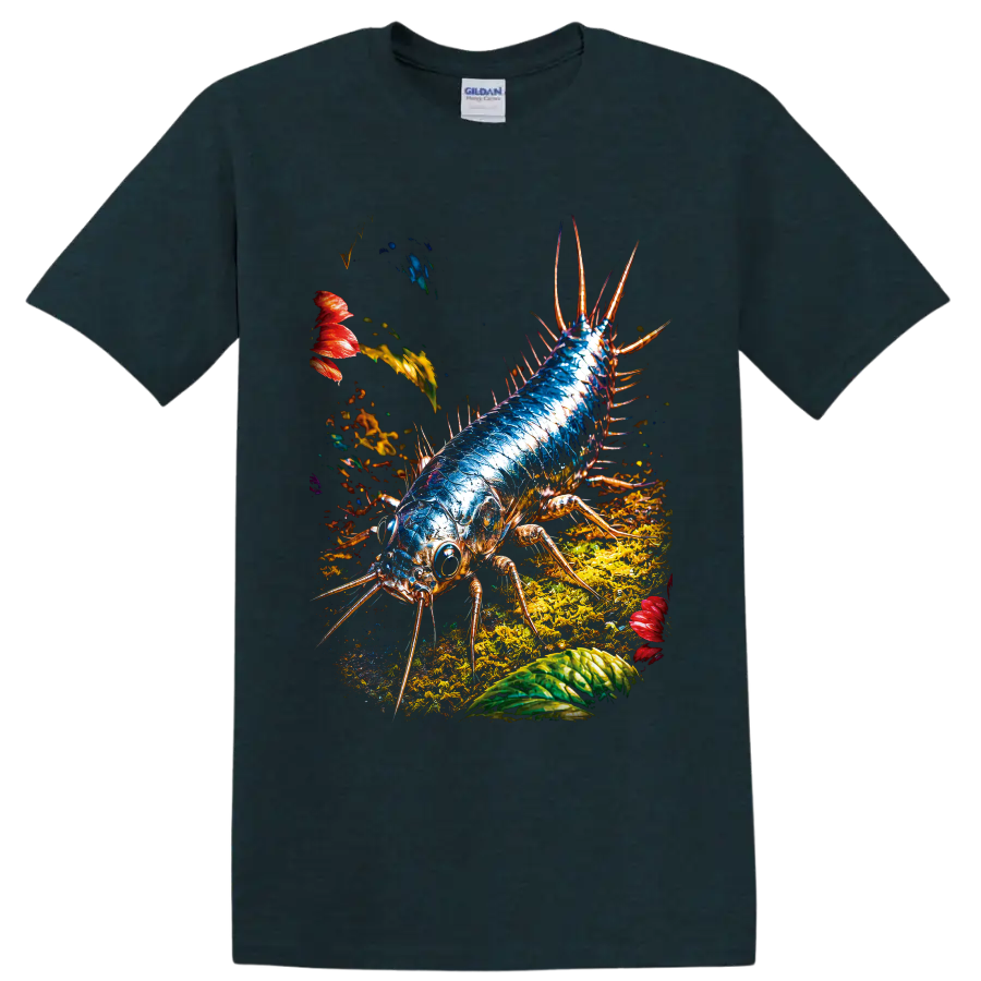 Blue spiny arthropod insect in vivid forest-floor graphic art on a Midnight (Green) T Shirt