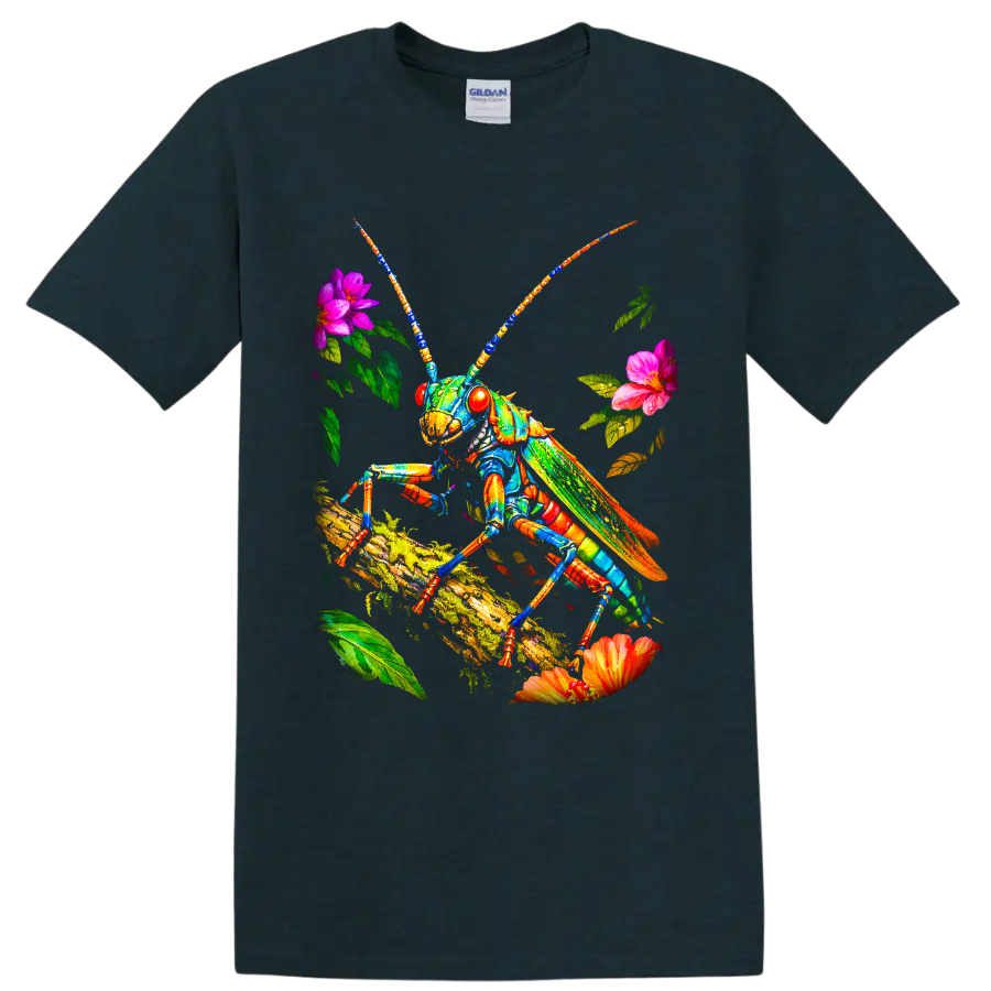 Colorful grasshopper on a mossy branch with flowers and leaves in vivid botanical art on a Midnight (Green) T Shirt